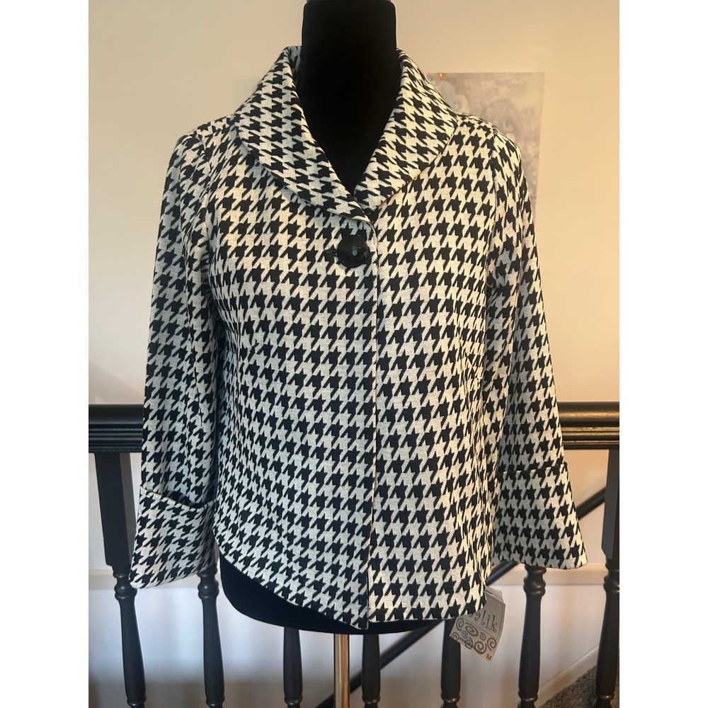 FL Malik Womens Houndstooth Blazer Jacket Black White vintage Size M NWT